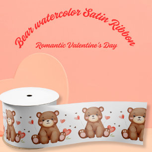 Romantic Valentine's Day Bear watercolor Satin Ribbon
