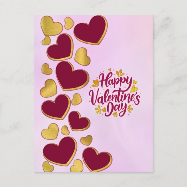 Romantic Valentine's Day | Burgundy & Gold Heart Invitation Postcard (Front)