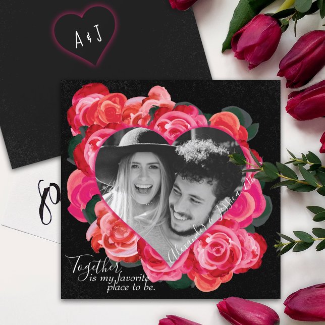 Romantic Valentine's Day Card Heart Photo Frame (red roses, heart shaped photo Valentine's day card, Romantic red rose bouquet, red & black rose art)