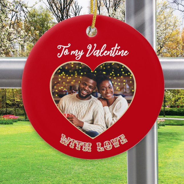 Romantic Valentine's Day Couple Photo Personalized Ceramic Ornament (A Valentine's ornament with custom photo in a heart 'frame' and personalized message on the back)
