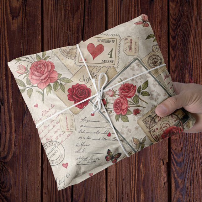 Romantic Valentines Decoupage Roses Hearts Letters Tissue Paper (roses hearts stamps romantic wrapping tissue)