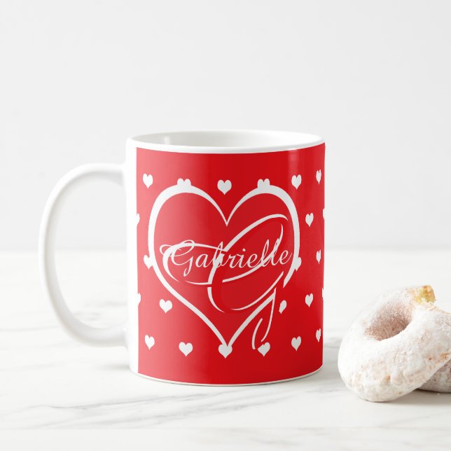 Romantic Valentine's Red & White Hearts Monogram Coffee Mug (With Donut)
