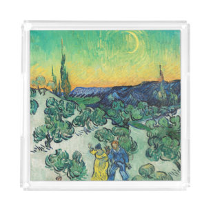 Romantic Van Gogh Couple Walking Under Moon Acrylic Tray