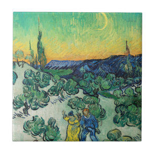 Romantic Van Gogh Couple Walking Under Moon Ceramic Tile
