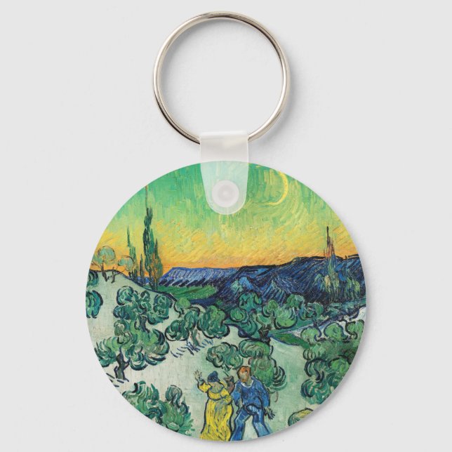 Romantic Van Gogh Couple Walking Under Moon Keychain (Front)