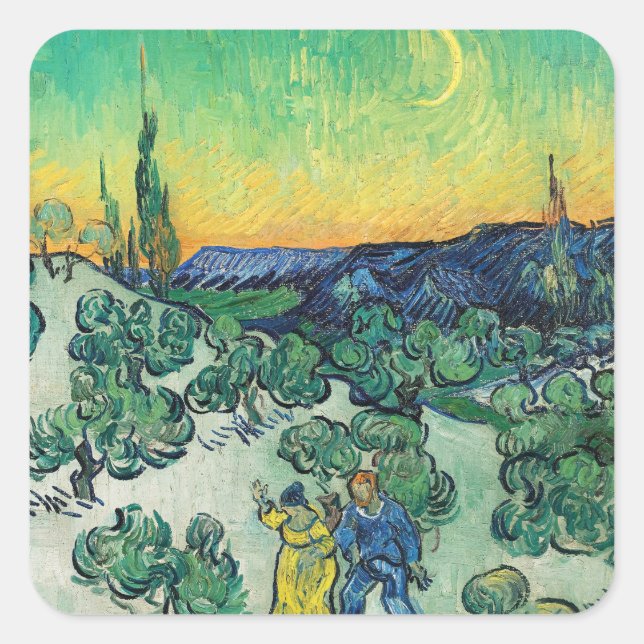 Romantic Van Gogh Couple Walking Under Moon Square Sticker (Front)