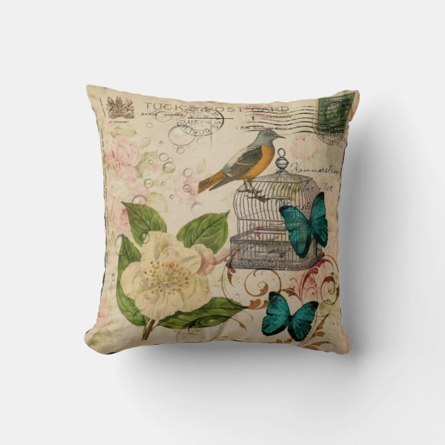 romantic victorian floral spring bird botanical throw pillow (Front)