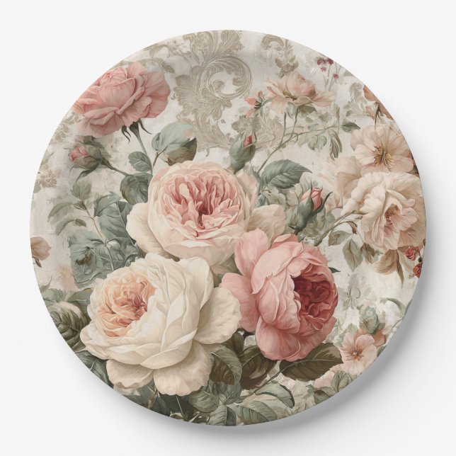 Romantic Victorian Rose Vintage Paper Plates (Front)