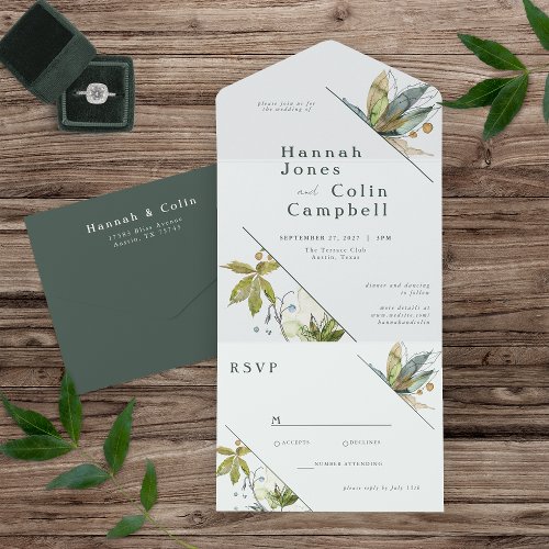 Romantic Vines Minimal Garden Green Blue All In On All In One Invitation