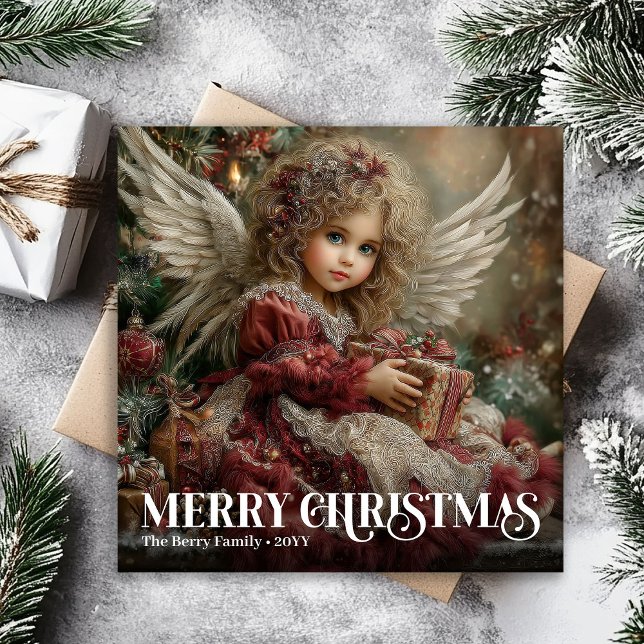 Romantic Vintage Angel Burgundy Christmas Greeting Holiday Card (Romantic Vintage Angel Burgundy Christmas Greeting)