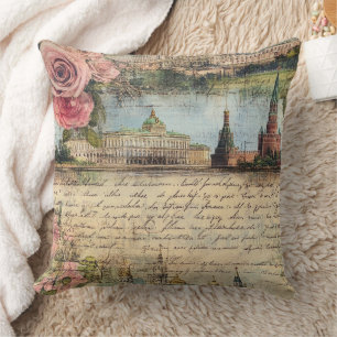 Romantic Vintage Architecture & Roses Collage Art Throw Pillow