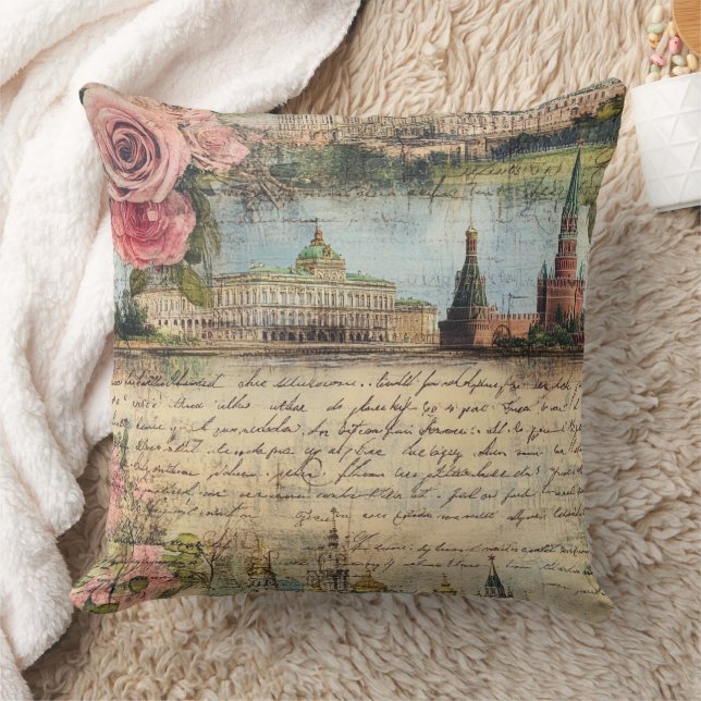 Romantic Vintage Architecture & Roses Collage Art Throw Pillow (Blanket)
