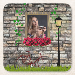Romantic Vintage Bicycle Flower Photo for Her Square Paper Coaster