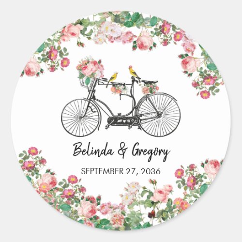 Romantic Vintage Bicycle Flowers  Birds Wedding Classic Round Sticker