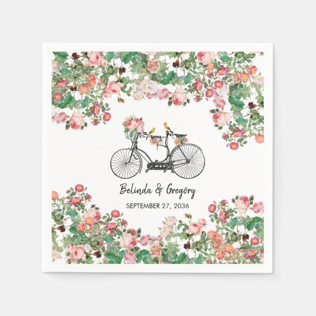 Romantic Vintage Bicycle Flowers & Birds Wedding  Napkins (Front)