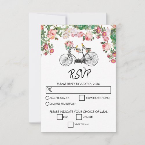 Romantic Vintage Bicycle Flowers  Birds Wedding  RSVP Card