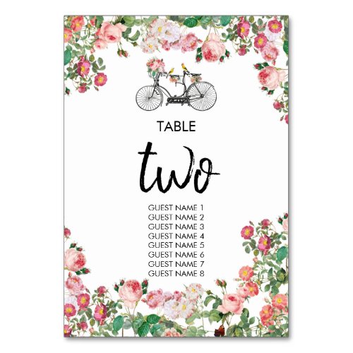 Romantic Vintage Bicycle Flowers  Birds Wedding  Table Number