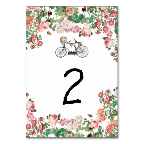 Romantic Vintage Bicycle Flowers  Birds Wedding Table Number