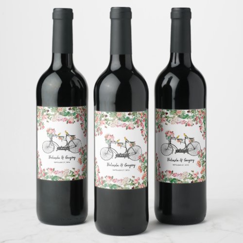 Romantic Vintage Bicycle Flowers  Birds Wedding Wine Label