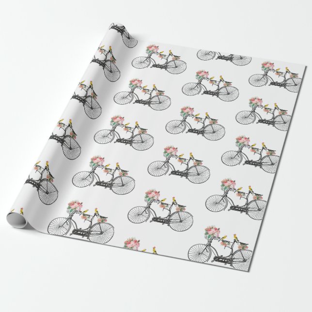 Romantic Vintage Bicycle Flowers & Birds  Wrapping Paper (Unrolled)