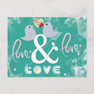 Romantic Vintage Birds, Cupid & Heart on Sea Green Holiday Postcard