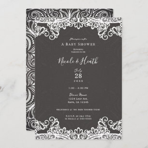 Romantic Vintage Boho White Lace Brown Baby Shower Invitation