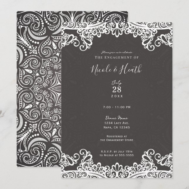 Romantic Vintage Boho White Lace Brown Engagement Invitation (Front/Back)