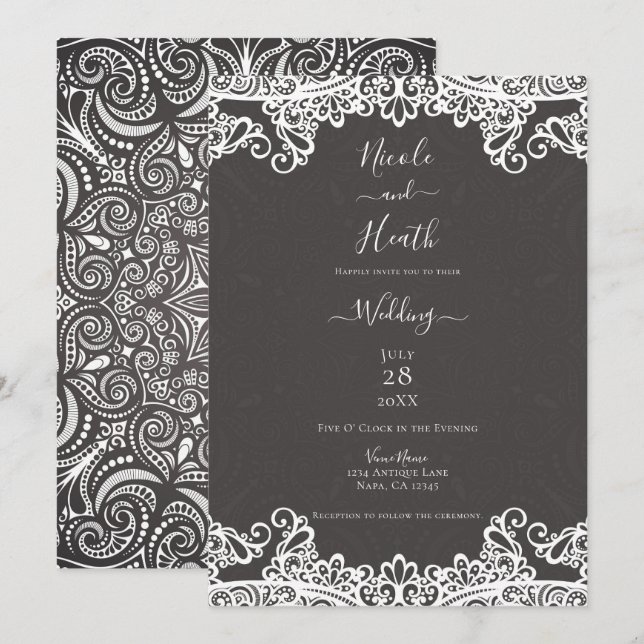 Romantic Vintage Boho White Lace Brown Wedding Invitation (Front/Back)