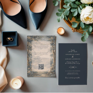 Romantic Vintage Botanical Blue Beige tapestry Invitation