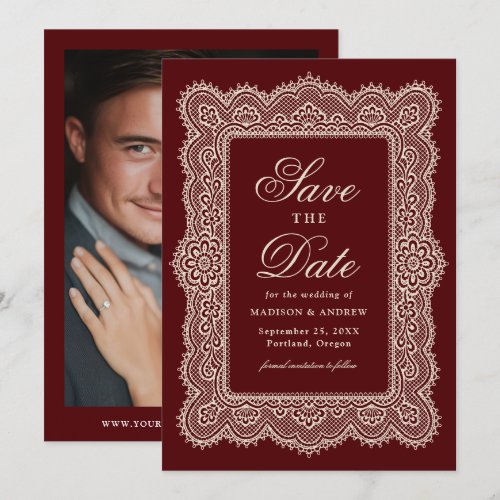 Romantic Vintage Burgundy Lace Wedding Save The Date
