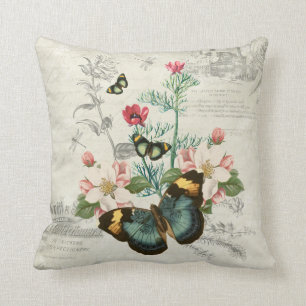 Romantic Vintage Butterflies Wildflowers Ephemera Throw Pillow