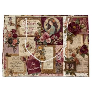 Romantic Vintage Collage -Burgundy Rustic Floral Large Gift Bag