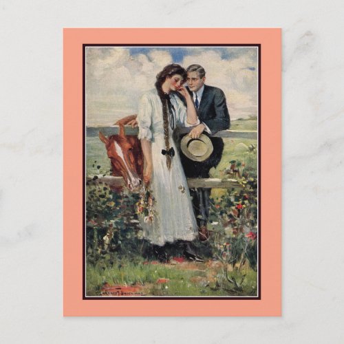Romantic vintage couple and horse painting postcard