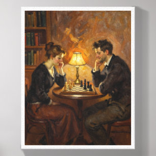 Romantic Vintage Couple Playing Chess Oil Painting Canvas Photo Tile