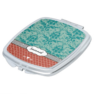 Romantic Vintage Damask Coral Aqua Floral Compact Mirror