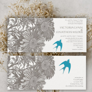 Romantic Vintage Floral Aqua Love Bird Wedding Invitation
