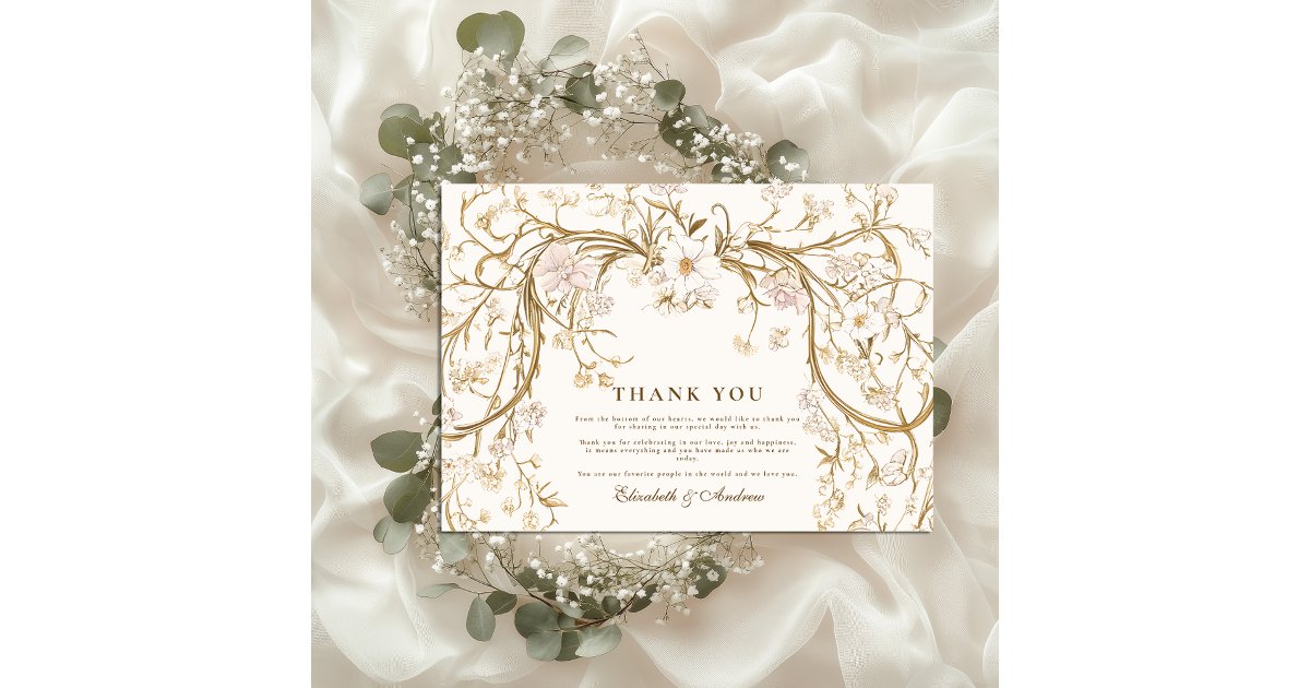 Romantic Vintage Gold Floral Frame Wedding Thank You Card | Zazzle
