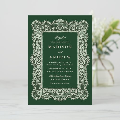 Romantic Vintage Green Lace Wedding Invitation