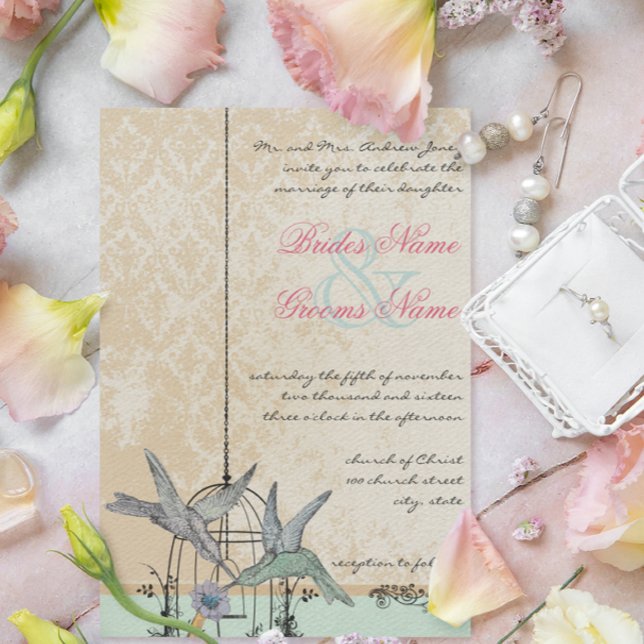 Romantic Vintage Hummingbird Birdcage Wedding Invitation (Creator Uploaded)