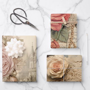 Romantic Vintage Inspired Pink Floral Wrapping Paper Sheets