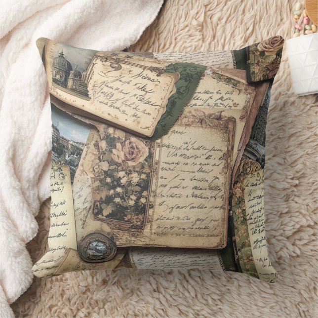 Romantic Vintage Letter Collage with Roses Throw Pillow (Blanket)