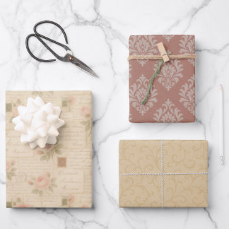 Romantic Vintage Letter & Damask 3-Sheet Set Wrapping Paper Sheets
