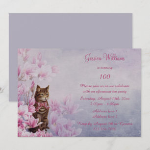 Romantic Vintage Magnolia & Kitten 100th Birthday Invitation