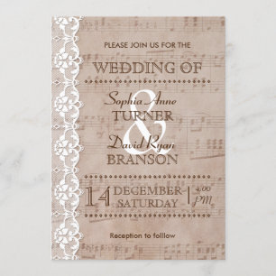 Romantic Vintage Music Sheet & Lace Wedding Invite