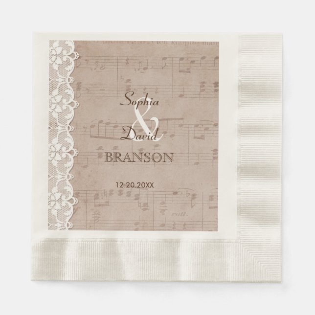 Romantic Vintage Music Sheet & Lace Wedding Paper Napkins (Front)