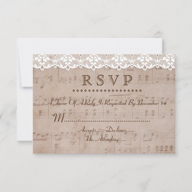 Romantic Vintage Music Sheet & Lace Wedding RSVP (Front)