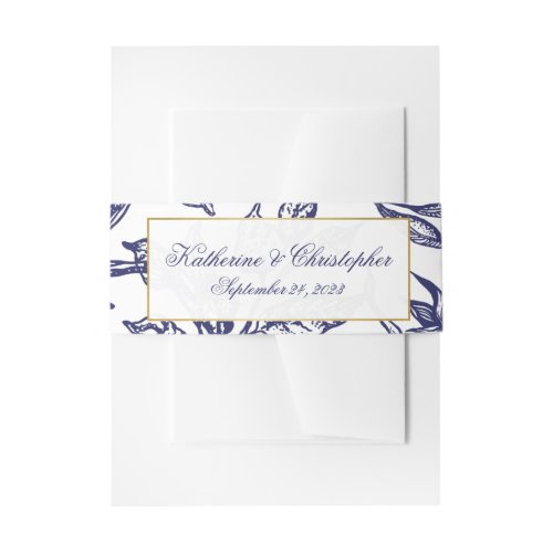 Romantic Vintage Navy Blue Gold Botanical Wedding Invitation Belly Band