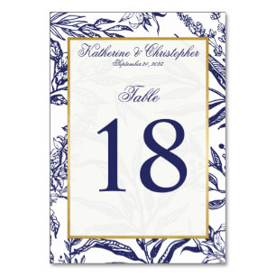 Romantic Vintage Navy Blue Gold Botanical Wedding Table Number