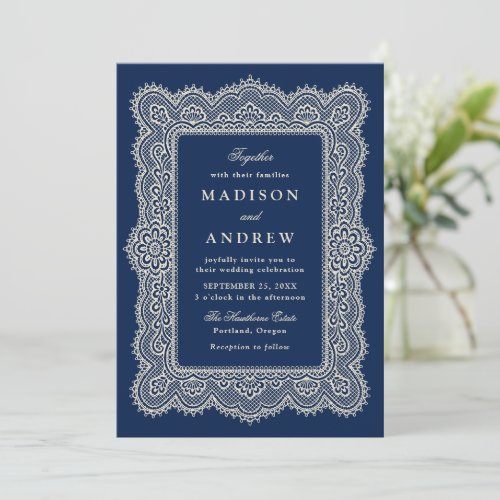 Romantic Vintage Navy Lace Wedding Invitation