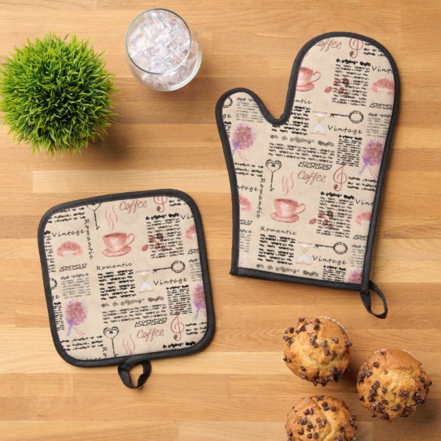 Romantic vintage newspaper oven mitt & pot holder set (Top Down)